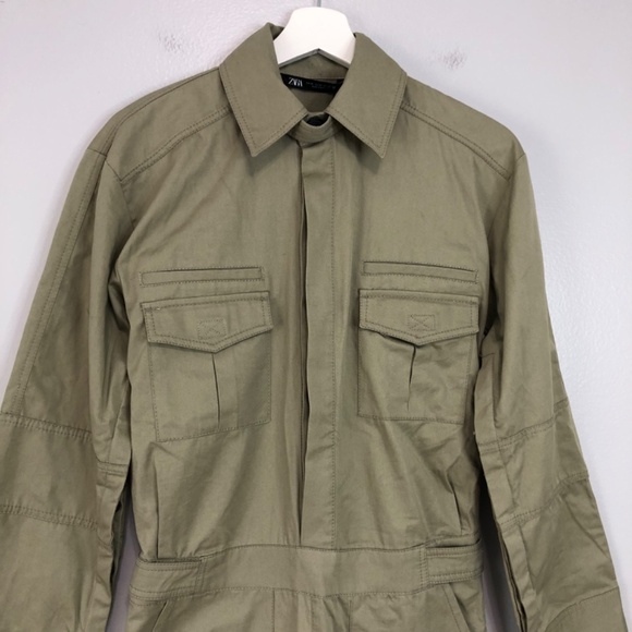 Zara Gabardine Green Utility Safari Patch Pocket Coveralls XS - Picture 5 of 16